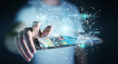 Cep telefonu 3d renderi üzerinde dijital ikili kod kullanarak iş adamı