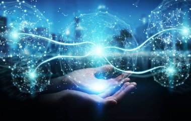 Dijital ağ bağlantısı küre 3B oluşturmayı kullanarak iş adamı