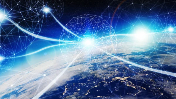 Connections system and datas exchanges on planet Earth 3D render — Stock Photo, Image