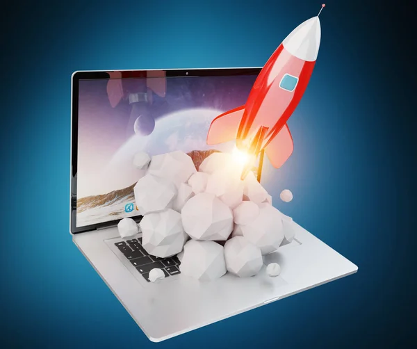 Lancement de fusée à partir d'un rendu 3D d'ordinateur portable — Photo
