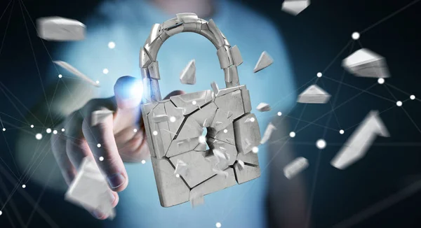 Businessman hacking in broken padlock security 3D rendering — Stock Photo, Image
