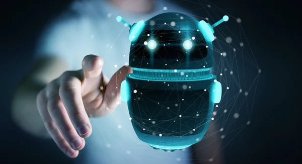 นักธุรกิจใช้แอพพลิเคชั่นหุ่นยนต์แชทบอทดิจิตอล 3D — ภาพถ่ายสต็อก