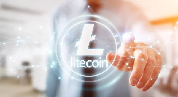 Empresario usando litecoins cryptocurrency 3D rendering — Foto de Stock