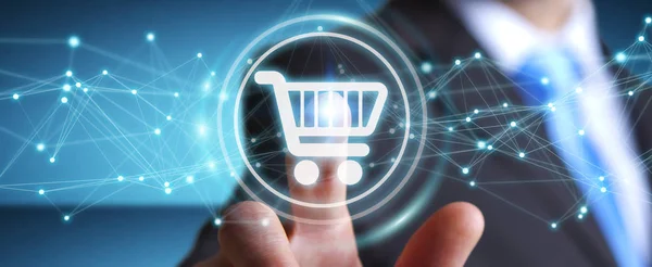 Empresario que utiliza iconos de compras digitales con conexiones 3D ren —  Fotos de Stock