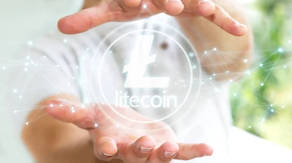 Empresario usando litecoins cryptocurrency 3D rendering — Foto de Stock