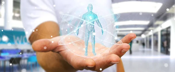 Empresario que utiliza rayos X digitales interfaz de escaneo del cuerpo humano 3D ren — Foto de Stock