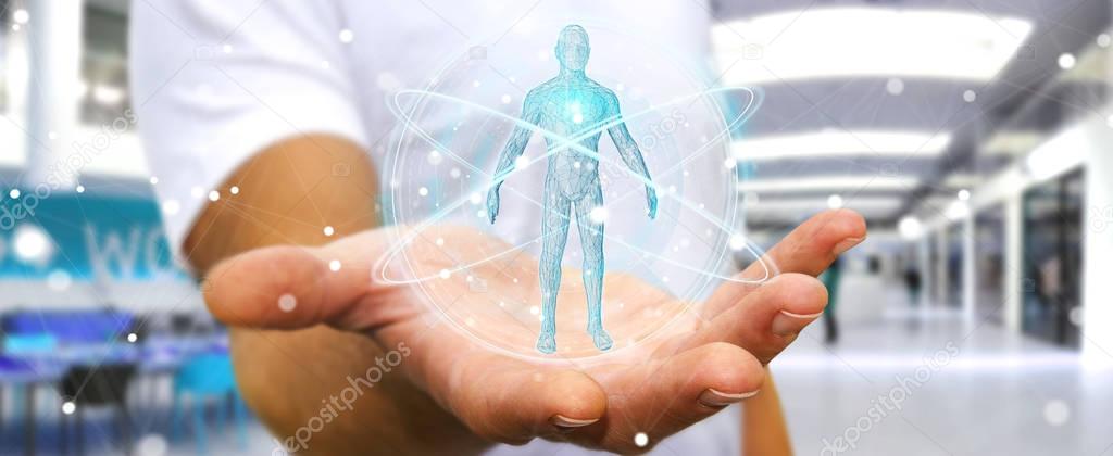 Businessman using digital x-ray human body scan interface 3D ren