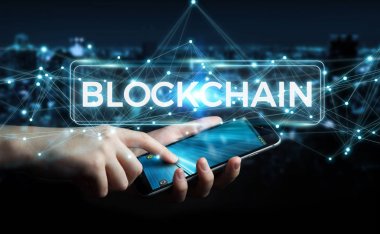 İşadamı blockchain cryptocurrency arabirimi 3d renderi kullanarak