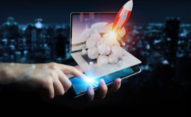 Bir laptop 3d render roket başlatılması ile iş adamı