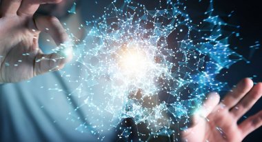 Uçan ağ bağlantısı 3d render tutan işadamı