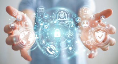 Onun veri kişisel bilgileri 3d renderin koruma işadamı