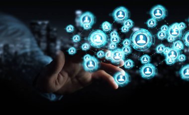 Sosyal ağ arabirimi 3d işlemesini kullanan iş adamı