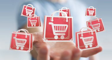 Dijital alışveriş simgeleri 3B oluşturmayı kullanarak iş adamı