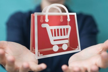 Dijital alışveriş simgeleri 3B oluşturmayı kullanarak iş kadını