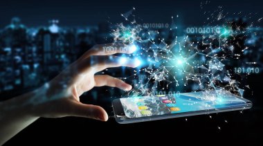 Cep telefonu 3d rende üzerinde dijital ikili kod kullanarak iş kadını