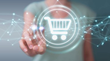 Dijital alışveriş simgeleri kullanarak bağlantıları 3d ren ile işadamı