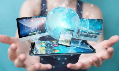 İşadamı teknik cihazlar ve simgeler uygulamaları 3d re bağlanılıyor