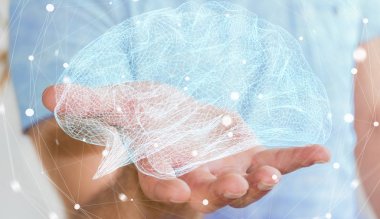 Onun el 3d ren dijital röntgen insan beyninde tutan işadamı