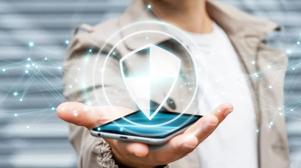 İşadamı kalkan güvenli koruma bağlantıları 3d ren ile kullanma