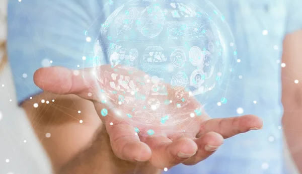 Businessman using holograms datas digital sphere 3D rendering — Stock Photo, Image