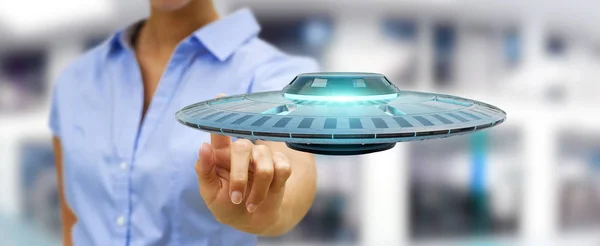 Donna d'affari con astronave retrò UFO rendering 3D — Foto Stock