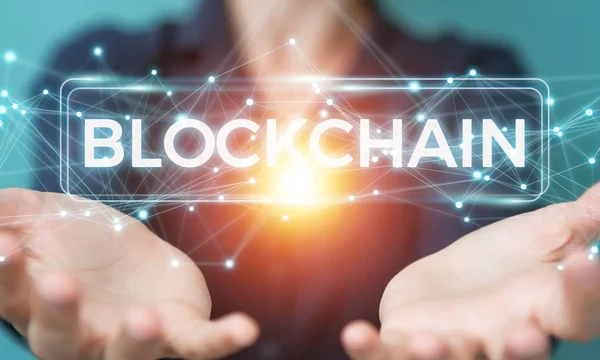 Geschäftsfrau mit Blockchain-Schnittstelle für Kryptowährungen 3d rende — Stockfoto