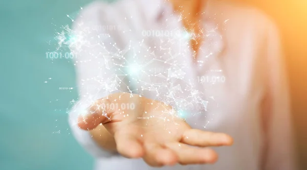 Geschäftsfrau mit digitalem Binärcode Verbindung Netzwerk 3d re — Stockfoto
