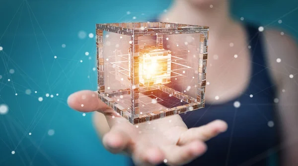 Бизнесвумен, использующая футуристический кубический текстурированный объект 3D рендеринг — стоковое фото