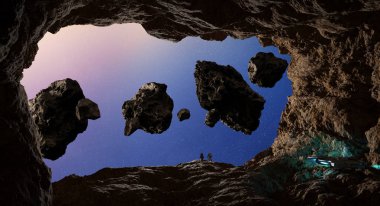 Asteroid bir mağarada keşfetmek astronotlar 3d işleme öğeleri