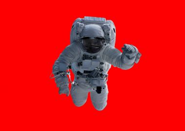 Kırmızı arka plan 3d işleme öğeleri inci üzerinde izole astronot