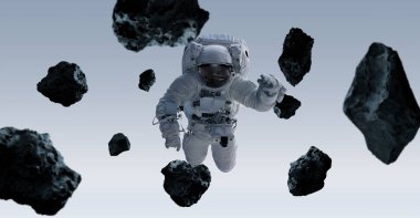 Gri arka plan 3d işleme öğeleri t üzerinde izole astronot