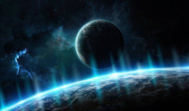 Uzak bir gezegende sistemi ile exoplanets 3d render elem alanda