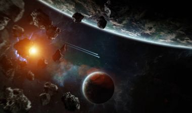 Distant planet system in space with exoplanets 3D rendering elem clipart