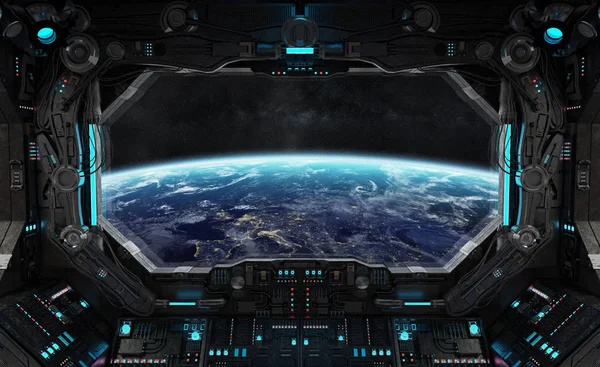 Ruimteschip grunge interieur met uitzicht op de planeet aarde — Stockfoto