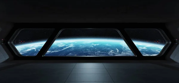 Nave espacial futurista interior con vista al planeta Tierra —  Fotos de Stock