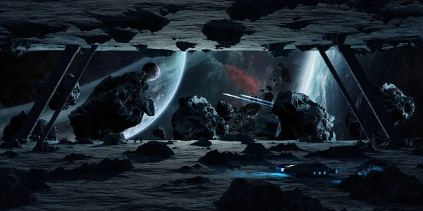 Astronauții care explorează o navă spațială de asteroizi elemente de redare 3D — Fotografie, imagine de stoc
