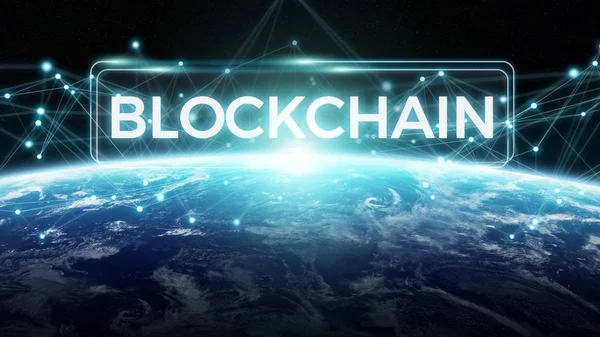 Blockchain auf dem Planeten Erde 3D-Rendering — Stockfoto