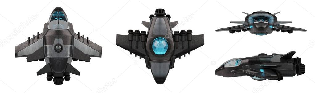 Futuristic spacecraft collection isolated on white background 3D