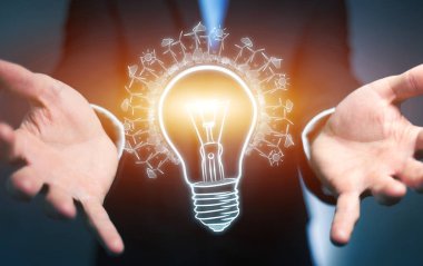 Yenilenebilir çevre ampul kroki tutan işadamı