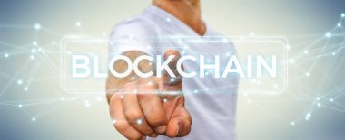 İşadamı blockchain cryptocurrency arabirimi 3d renderi kullanarak