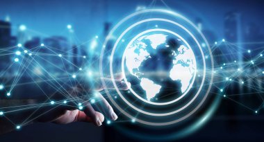 Planet earth ağ küre 3d işlemesini kullanan iş adamı