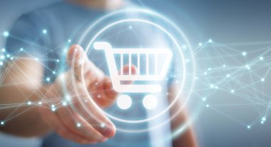 Dijital alışveriş simgeleri kullanarak bağlantıları 3d ren ile işadamı