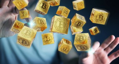 İşadamı bitcoins cryptocurrency 3d işleme kullanarak