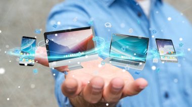 İşadamı teknik cihazlar ve simgeler uygulamaları 3d re bağlanılıyor