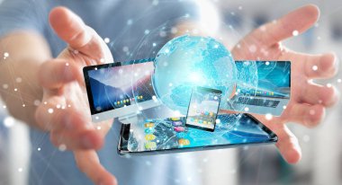 İşadamı teknik cihazlar ve simgeler uygulamaları 3d re bağlanılıyor