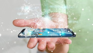 Cep telefonu 3d renderi üzerinde dijital ikili kod kullanarak iş adamı