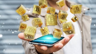 İşadamı bitcoins cryptocurrency 3d işleme kullanarak