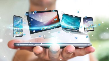 İşadamı teknik cihazlar ve simgeler uygulamaları 3d re bağlanılıyor