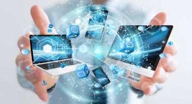 Teknik cihazlar birbirine işadamı 3d render tarafından bağlı