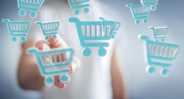 Dijital alışveriş simgeleri 3B oluşturmayı kullanarak iş adamı